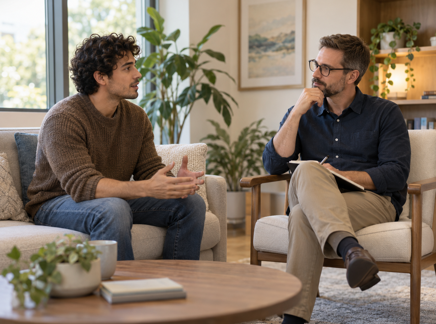 A client speaking with a clinician during a supportive counseling session