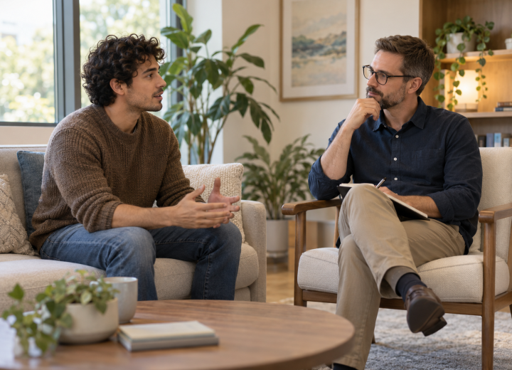 A client speaking with a clinician during a supportive counseling session