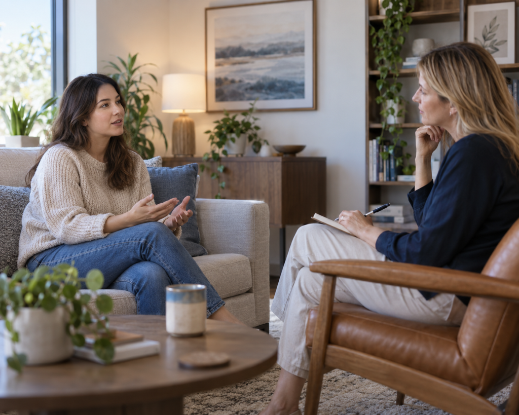 A client and clinician discussing sleep and mental wellbeing in a calm office