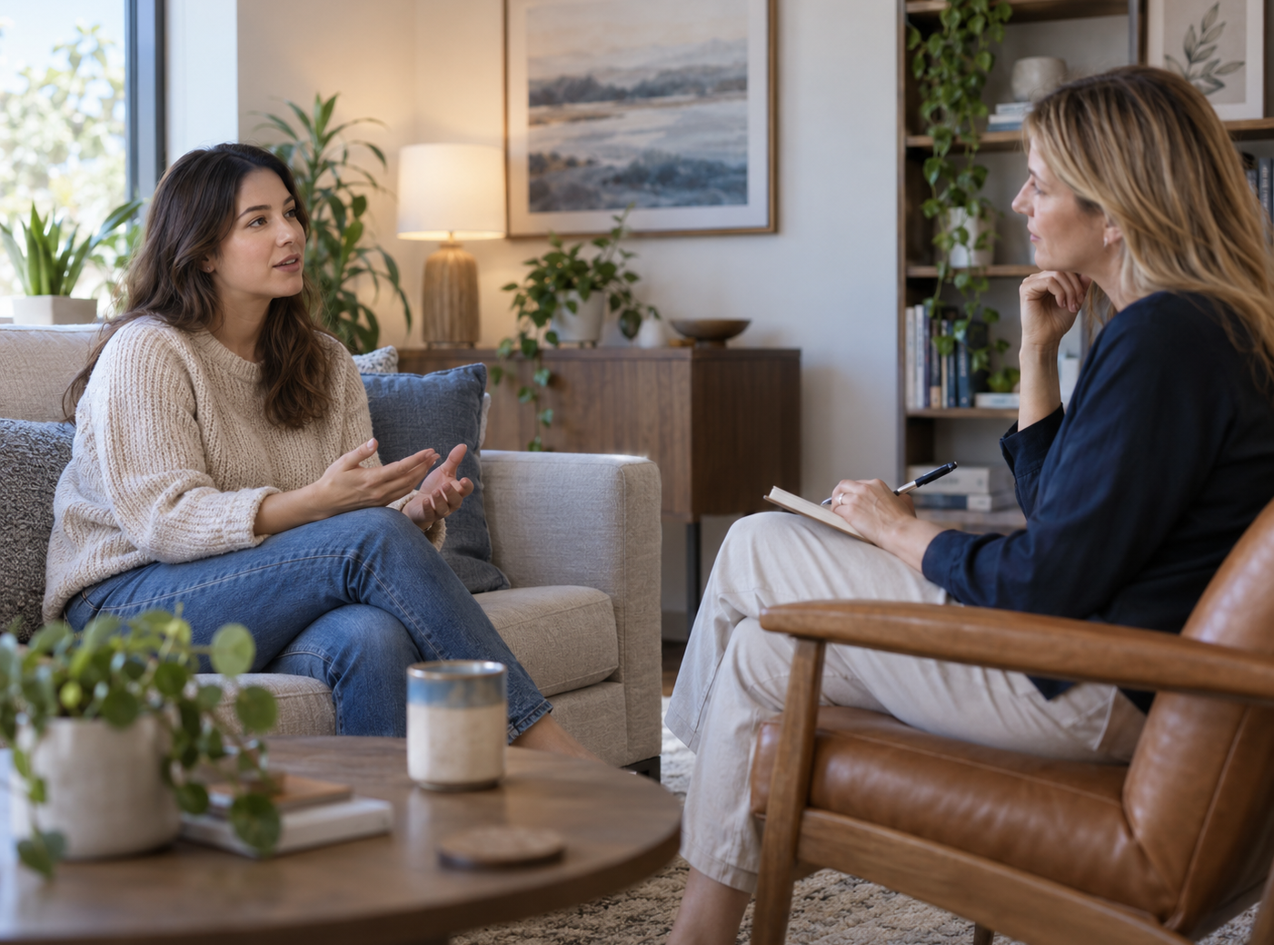 A client and clinician discussing sleep and mental wellbeing in a calm office