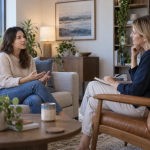 A client and clinician discussing sleep and mental wellbeing in a calm office