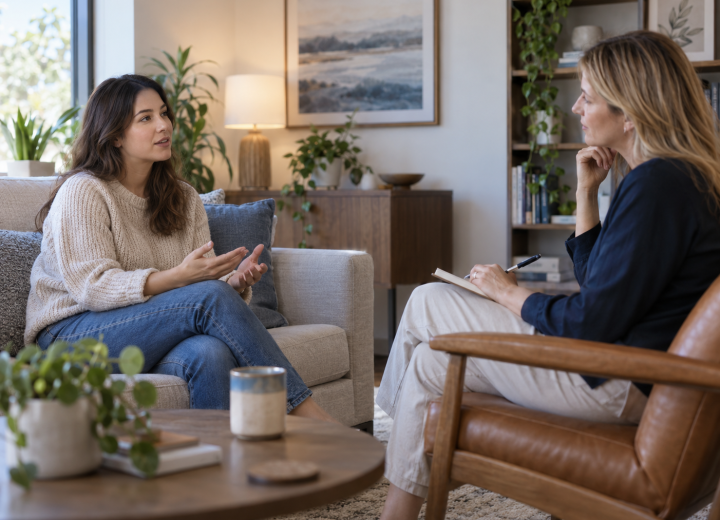 A client and clinician discussing sleep and mental wellbeing in a calm office