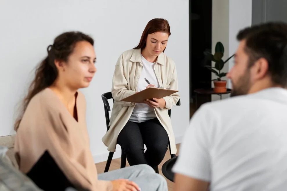 University students meeting with a clinician